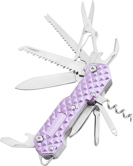 FantastiCAR 15 in 1 Multi-Tool, EDC Folding Pocket Knife with Premium Gift Box for Camping, Fishing, Hunting, Survival, or Outdoor (Purple)