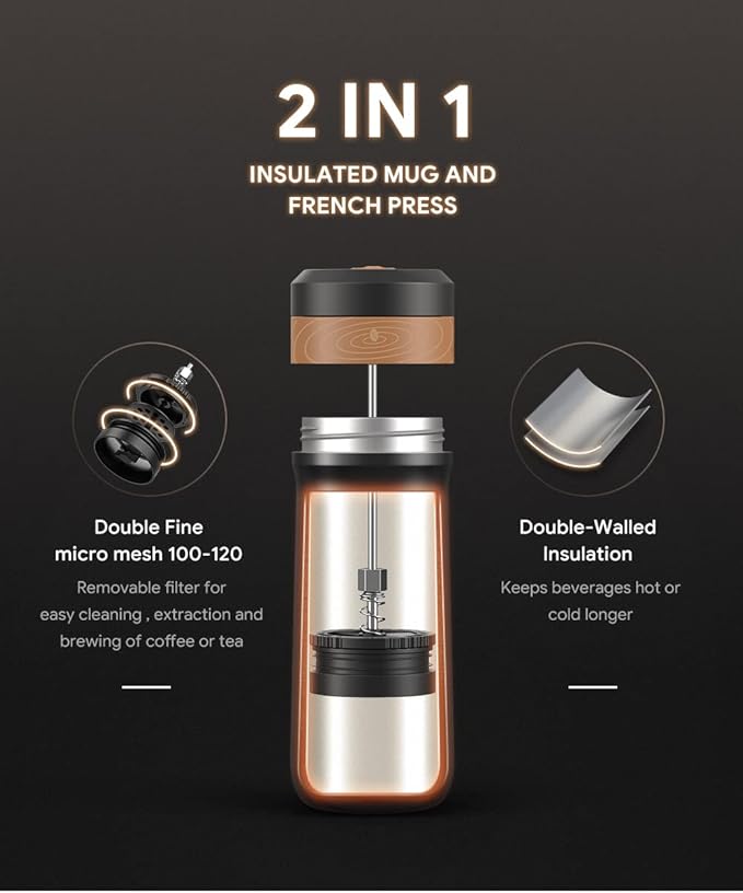 Classic Portable French Press Coffee Mug 12 oz with Carry Loop, Stainless Steel French Press Coffee Maker, BPA Free Great for Camping and Travel