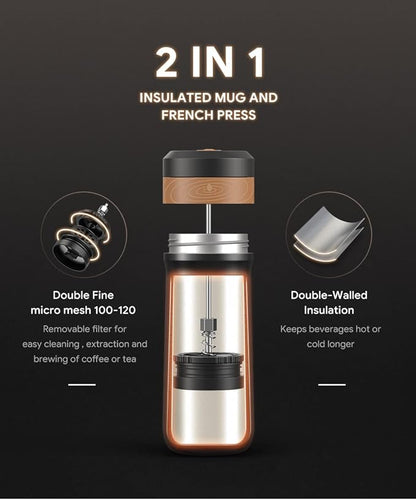 Classic Portable French Press Coffee Mug 12 oz with Carry Loop, Stainless Steel French Press Coffee Maker, BPA Free Great for Camping and Travel