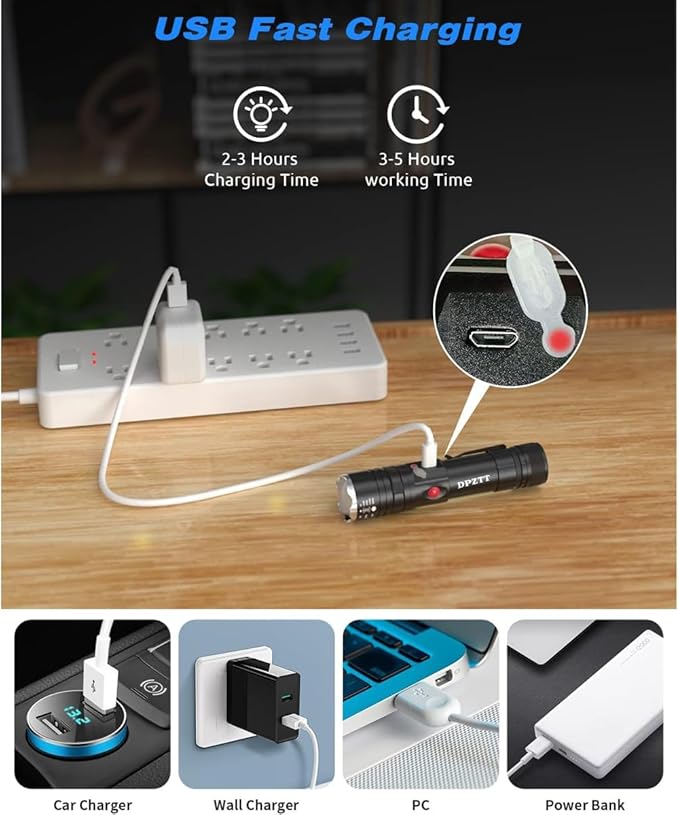 DPZTT Rechargeable Flashlight, Magnetic Led Flashlight, Super Bright Pocket-Sized Work Flashlights with Clip, 4 Modes, Zoomable, Water Resistant for Camping Hiking-Black
