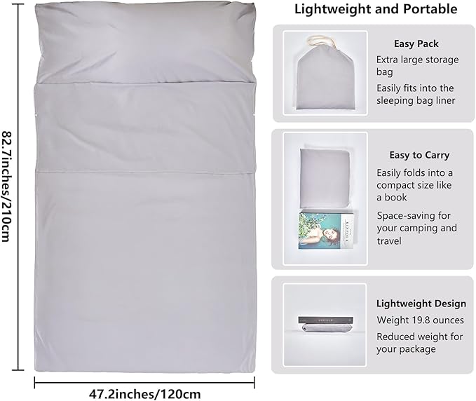 Sleeping Bag Liner Camping Adult Sleep Sack Lightweight Travel Sheet for Hotel Bed Compact Ultralight Essential Cleaning Supplies Kit Travel Bedding Set for Backpacking