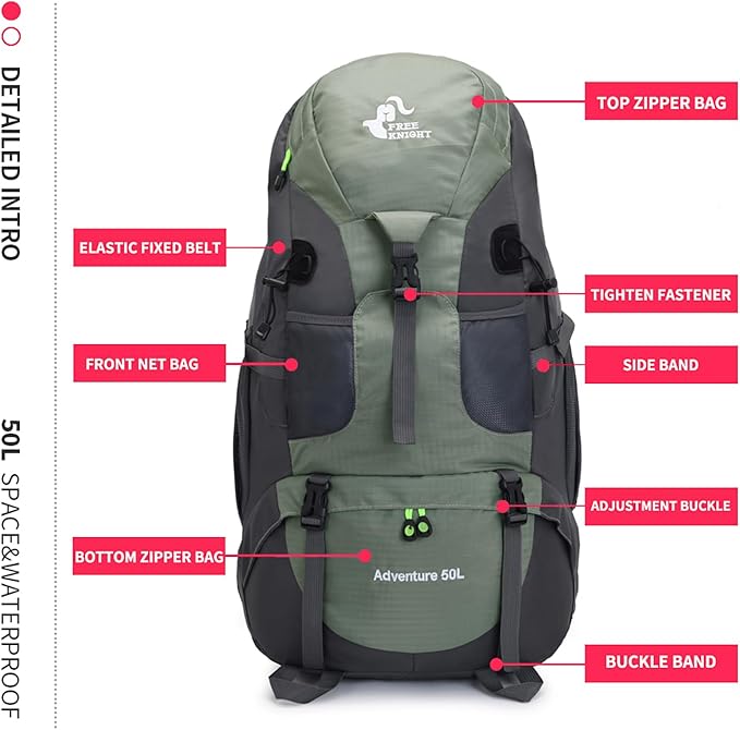 Bseash 50L Hiking Backpack, Water Resistant Lightweight Outdoor Sport Daypack Travel Bag for Camping Climbing Touring (Army Green - With Shoe Compartment)