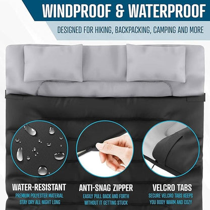 Zone Tech Double Camping Sleeping Bag with 2 Pillows – 3-4 Season Lightweight Waterproof Warm & Cool Weather Adult & Kids Sleeping Bag Converts into 2 Single -Camping, Hiking, & Outdoors