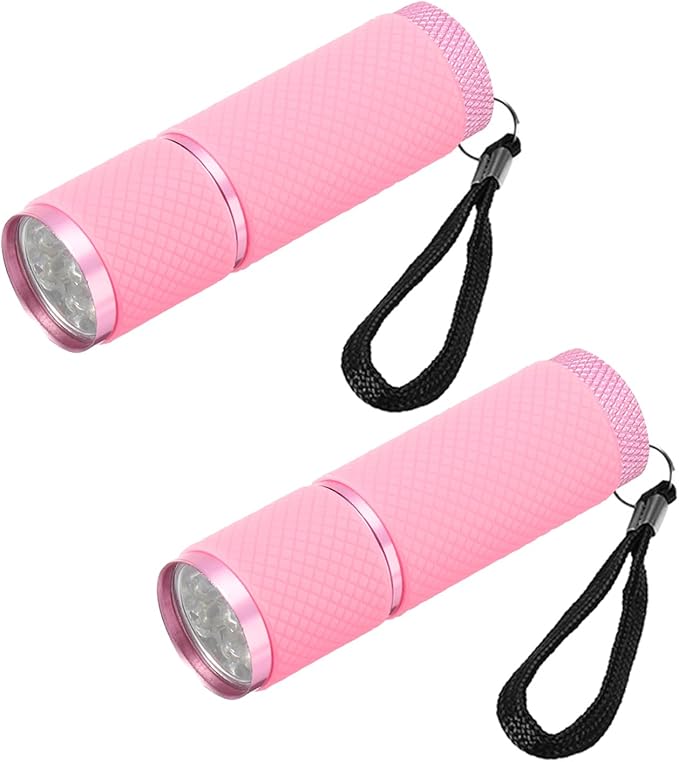 PATIKIL 9 LED Glow in Dark Flashlights, 2 Pcs Mini Aluminum Flashlight Rubber Coated Flashlight with Strap for Camping, Hiking, Party, Pink