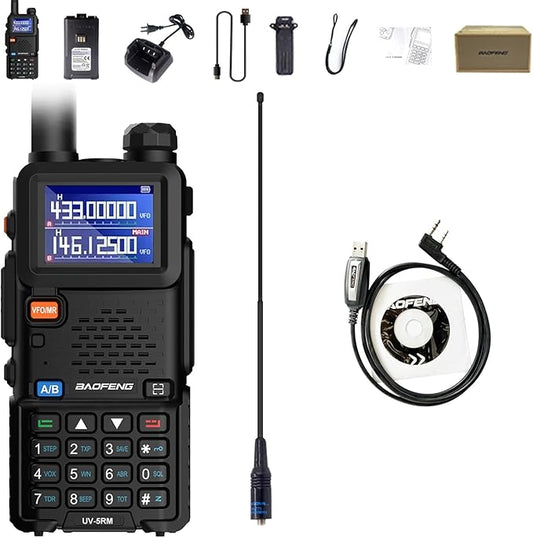 BAOFENG UV-5RM Two Way Radio Multi-Band Long Range Walkie Talkie NOAA USB-C Charging Upgrade of UV-5R Ham Radio Air Band 1.77in LCD Screen with Programming Cable and 771 Antenna