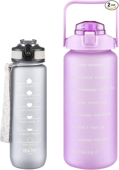 2 Pack Water Bottles 64 Oz + 27 Oz, Sport Water Bottle with Straw & Time Marking,Gym Drinks Bottle, Half Gallon Motivational Water Jug for Women, BPA Free