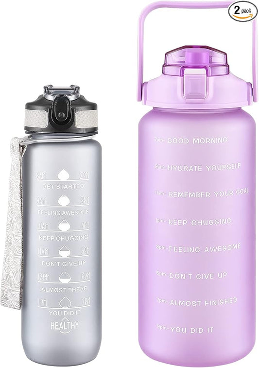 2 Pack Water Bottles 64 Oz + 27 Oz, Sport Water Bottle with Straw & Time Marking,Gym Drinks Bottle, Half Gallon Motivational Water Jug for Women, BPA Free