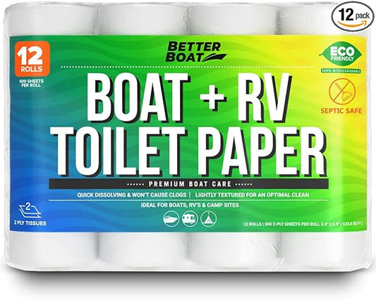 Boat and RV Toilet Paper Septic Safe Tissue Toilet Quick Dissolving 12 Single (1) Rolls for Marine and Travel Camper Systems Camping Biodegradable Supplies Dissolve and Tank Safe | TP Bulk Pack 2 Ply