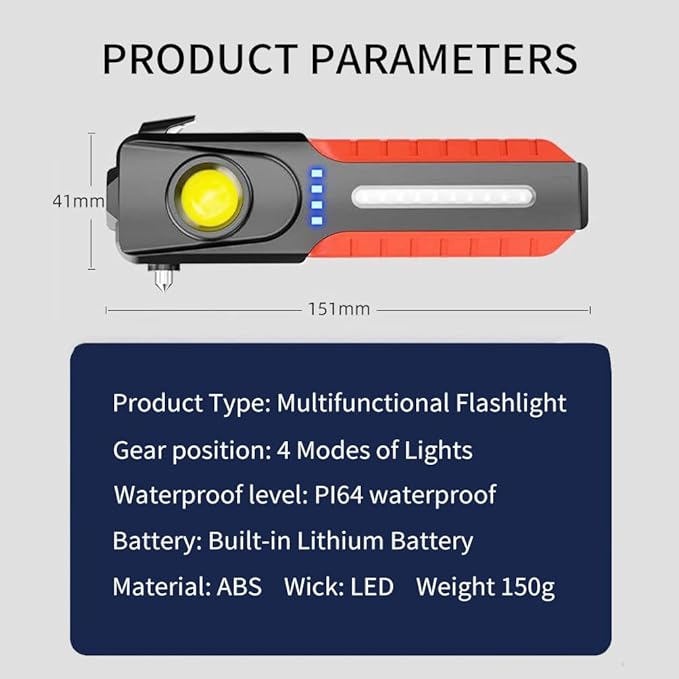Car Flashlights for Emergencies, Window Breaker Seatbelt Cutter Multifunction LED Work Light, 4 Modes Bright COB Rechargeable Inspection Light for Car Repair, Household, Camping