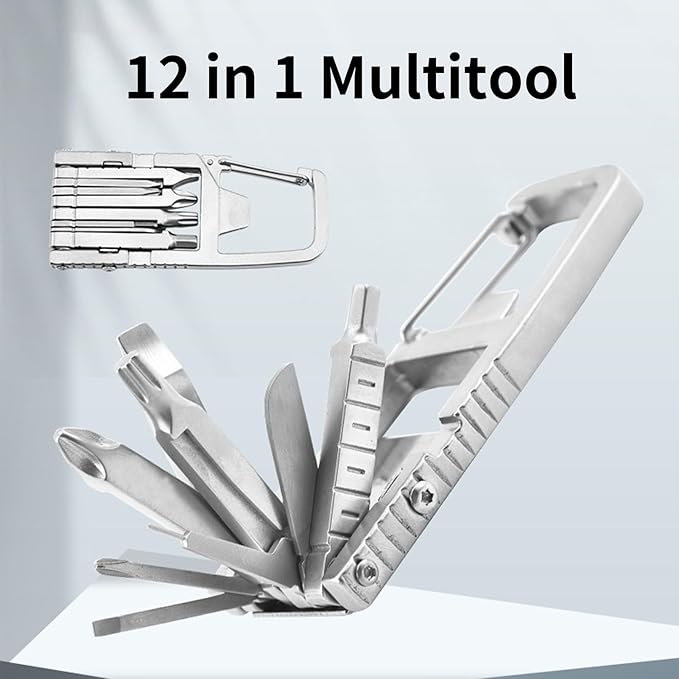 12 in 1 Multitool Slot Hex Star Screwdriver Bit Box Bottle Opener Card Remover Stainless Steel Folding Multi Tool, Portable Keychain Attachment, Home and Outdoor Use