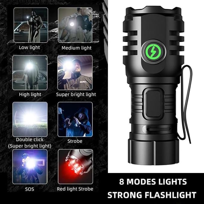 ALONEFIRE H64 Mini LED Flashlight Type C USB Rechargeable Bright 4 LED Light Source Small Torch 8 Modes Waterproof Long Battery Life with Tail Magnet, Clip, Battery for Outdoor, EDC Carry, Hiking