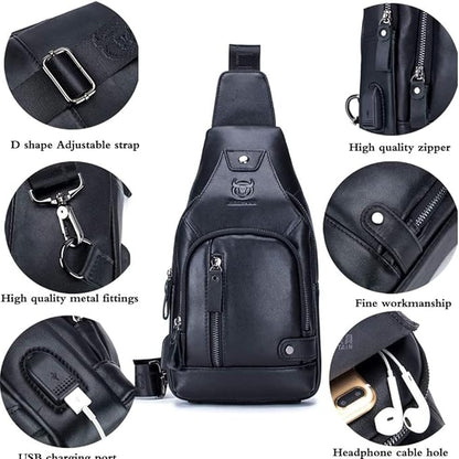 KPYWZER Genuine Leather Sling Backpack with USB Charging Port Chest Bag Outdoor Hiking Travel Daypack Black
