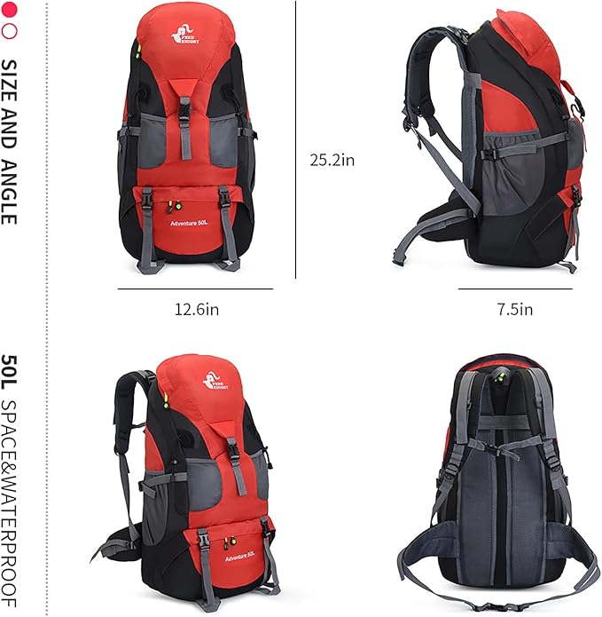 Bseash 50L Hiking Backpack, Water Resistant Lightweight Outdoor Sport Daypack Travel Bag for Camping Climbing Touring (Red - No Shoe Compartment)