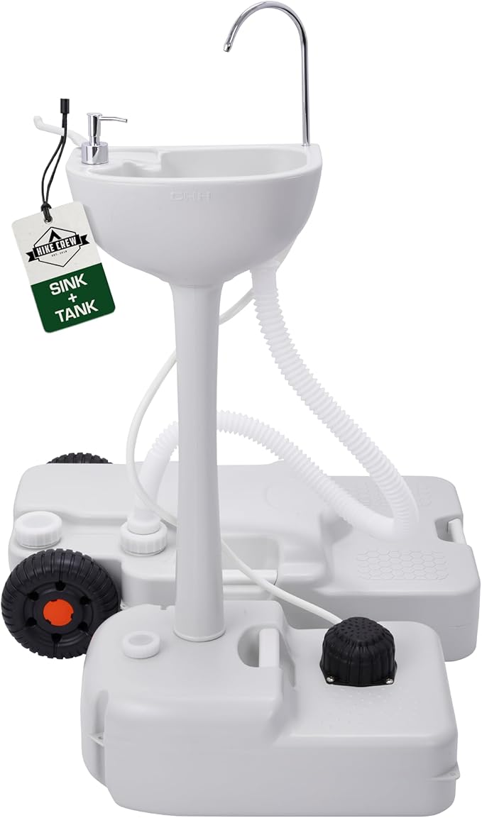 Hike Crew Portable Camping Sink & Waste Tank | Large Outdoor Hand Washing Station with 4.5 Gal Capacity, Hands-Free Foot Pump, Faucet, Soap Dispenser & Towel Rack | includes 8 Gal Travel Waste Tank