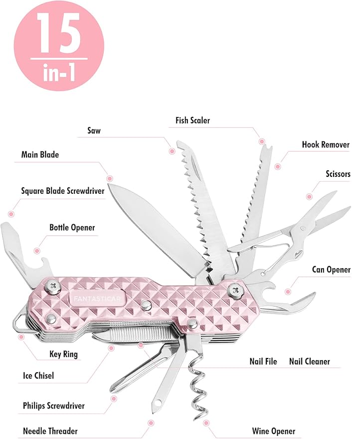 FantastiCAR 15 in 1 Multi-Tool, EDC Folding Pocket Knife with Premium Gift Box for Camping, Fishing, Hunting, Survival, Outdoor (Pink)