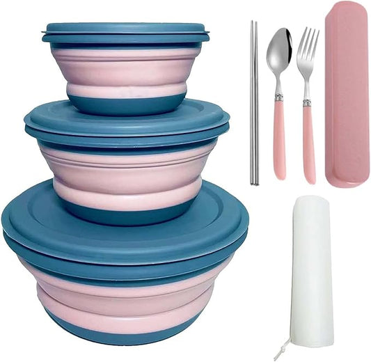 RMAMSCOV Camping Bowl, 3 PCS Food Grade Silicone Collapsible Bowl Lunch Box Salad Bowl with Lid, Expandable Food Storage Containers Set with Free folding tableware and storage bag (Pink)