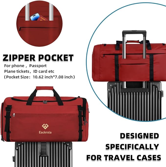 Eackrola Extra Large Sports Gym Bag, Travel Duffel bag with Wet Pocket & Shoes Compartment for men women, 85L, Lightweight （Red）