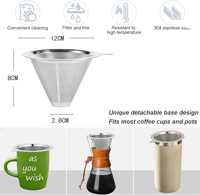 Pour Over Coffee Maker,Coffee Filter,Slow Drip Paperless Stainless Steel Cone Coffee Dripper(1-2 Cup)