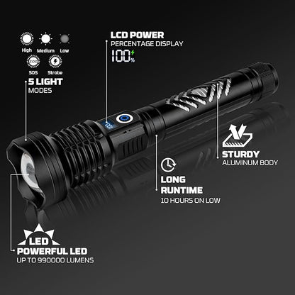 azamine Rechargeable Flashlights 990000 High Lumens - Super Bright LED Flashlight with 5 Modes, IPX7 Waterproof Powerful Flash Light for Camping Hiking