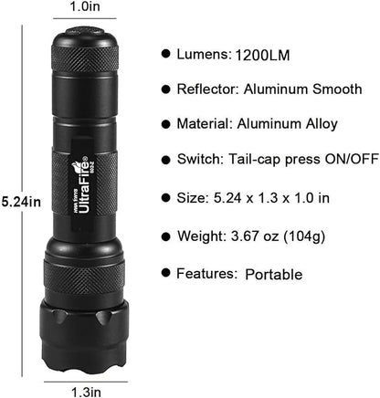ULTRAFIRE Single Mode Mini Flashlight,1200 High Lumen Zoomable LED Tactical Flashlight with UFB18 and Charger for Outdoor Camping and Hiking Bright Small Handheld Flashlight 502z