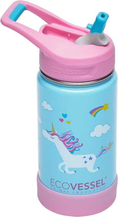 EcoVessel FROST Stainless Steel Kids Water Bottle with Straw Lid, Leak Proof Bottle with Carry Handle & Bottle Bumper, Kids Water Bottle For School - 12oz (Unicorn)