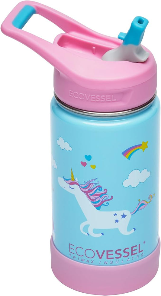EcoVessel FROST Stainless Steel Kids Water Bottle with Straw Lid, Leak Proof Bottle with Carry Handle & Bottle Bumper, Kids Water Bottle For School - 12oz (Unicorn)