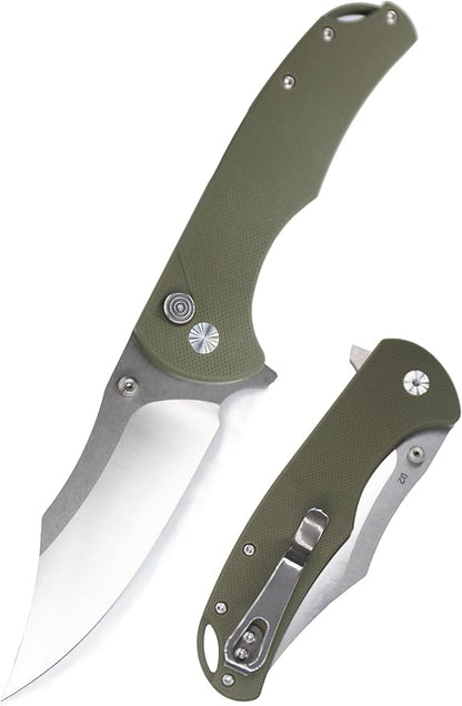 FD04 Folding Pocket Knife, D2 Steel Blade G10 Handle and Button Lock EDC Pocket Cool Knife for Men and Women, Camping Hunting Hiking Fishing Knives Tools (Green Clip)