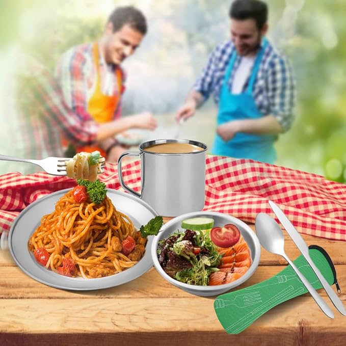 Camping Cutlery Set, 8 Piece Stainless Steel Cutlery Set Including Cutlery Spoons Mug Bowls & Plates Rags, Organizer Straps Easy to Carry for Backpacking, Camping, Hiking and Picnics