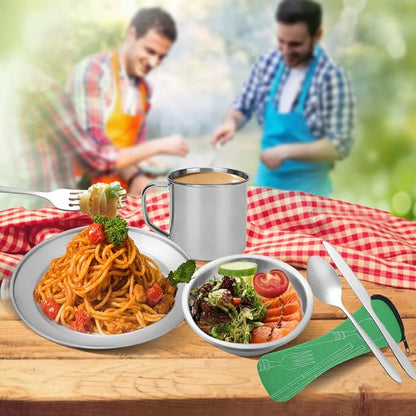 Camping Cutlery Set, 8 Piece Stainless Steel Cutlery Set Including Cutlery Spoons Mug Bowls & Plates Rags, Organizer Straps Easy to Carry for Backpacking, Camping, Hiking and Picnics