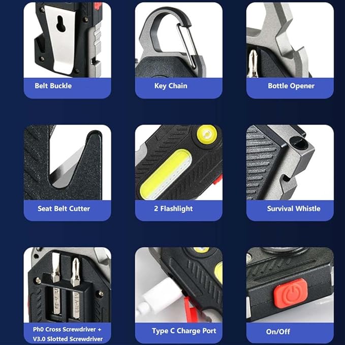 Multifunctional Flashlight 7 In1 Cob Keychain Bright Work Light Rechargeable Portable Led Sos Light With Bottle Opener Seat Belt Cutter Survival Whistle Screwdriver For Camping Walking Hiking