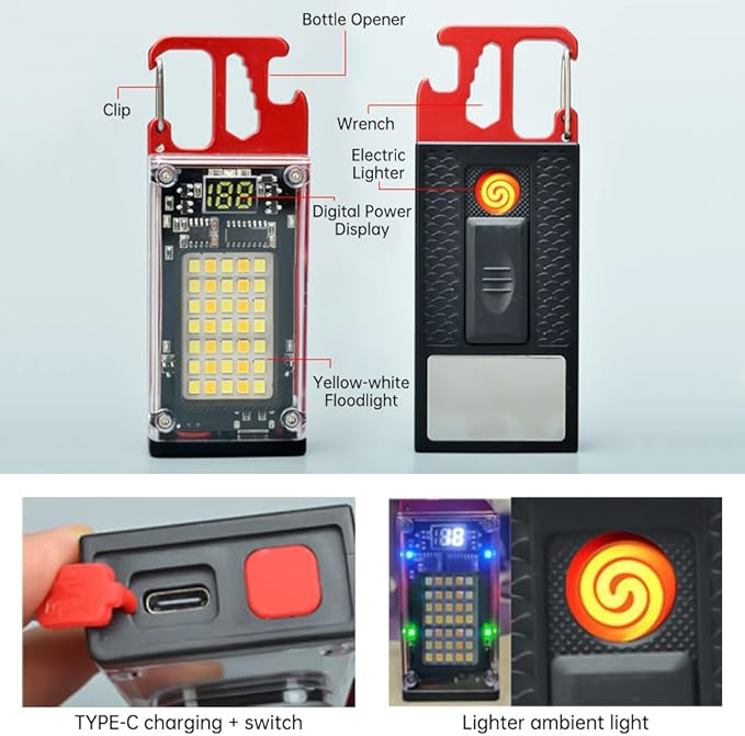 Key Chain Light, LED Small Flashlight, COB Multi-Function Mini Work Light, 1000 Lumens Rechargeable, 8 Lighting Modes with Bottle Opener, Portable Wrench, Fire Starter Function, Red
