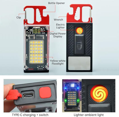 Key Chain Light, LED Small Flashlight, COB Multi-Function Mini Work Light, 1000 Lumens Rechargeable, 8 Lighting Modes with Bottle Opener, Portable Wrench, Fire Starter Function, Red