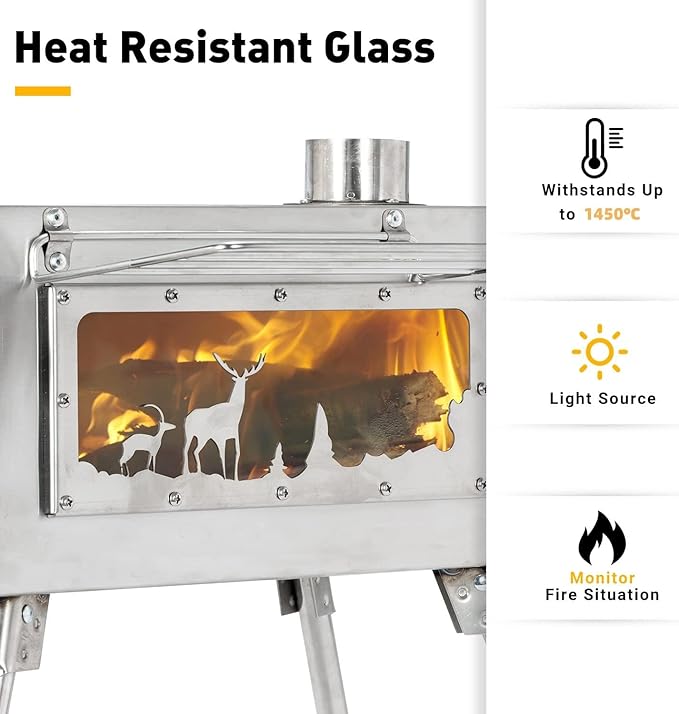 Outdoor Camping Stove Camp Tent Stove, Portable Wood Burning Stove with Chimney Pipe for Tent, Shelter, Camping Heating and Cooking (Pipe Diameter: 2.36")