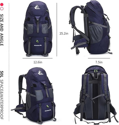 Bseash 50L Hiking Backpack, Water Resistant Lightweight Outdoor Sport Daypack Travel Bag for Camping Climbing Touring (Dark Purple - With Shoe Compartment)