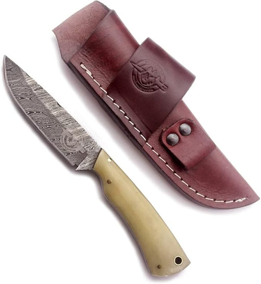 Handmade Damascus Steel Knife for Hunting,Survival,Camping,Bushcraft and Fishing-Fixed Blade Dagger with Drop Point Full Tang-Bone Handle with Cowhide-Leather Sheath DCX 22 -201