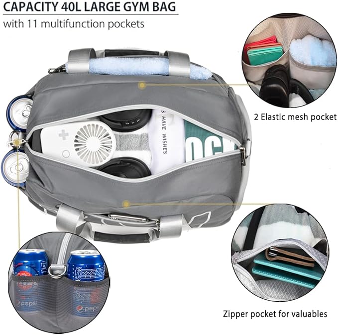 KCY Sports Gym Bag with Wet Pocket & Shoes Compartment for Women & Men, Small Sports Duffel Bag for Yoga Baseball Camping Travel, Waterproof, Lightweight, Dark-grey