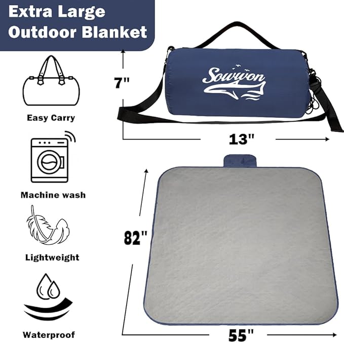 Waterproof Outdoor Blanket 82”X 55” Packable, Stadium Blankets for Camping with Quilted Fleece Lining, Large Windproof Emergency Throw Mat for Garss Picnic Hiking Road Trip, Machine Washable, Navy