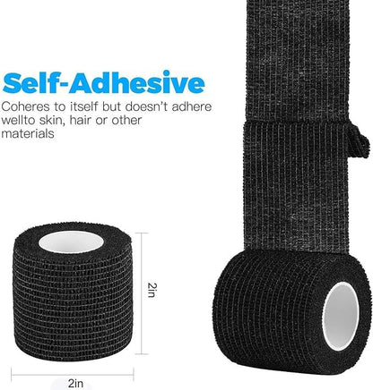 Cohesive Bandage 2” x 5 Yards, 8 Rolls, Self Adherent Wrap Medical Tape, Adhesive Flexible Breathable First Aid Gauze Ideal for Stretch Athletic. for First Aid Medical,Sports Injuries.(Black)
