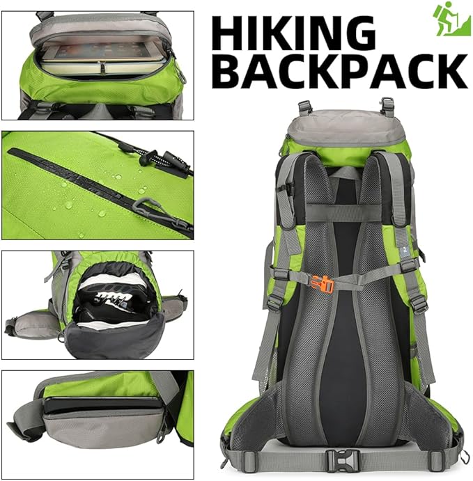 70L Camping Hiking Backpack with Rain Cover Waterproof Backpacking Backpack for Hiking Treeking Climbing Outdoor (Green)