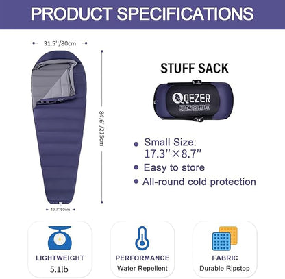 Down Sleeping Bag for Adults 0°F 10°F 15°F 20°F Backpacking Sleeping Bag for Cold Weather with Compression Sack