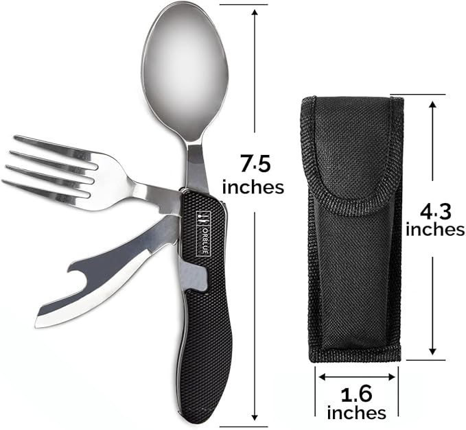 Orblue 4-in-1 Camping Utensils, 2-Pack, Portable Stainless Steel Spoon, Fork, Knife & Bottle Opener Combo Set - Travel, Backpacking Cutlery Multitool, Hot Pink