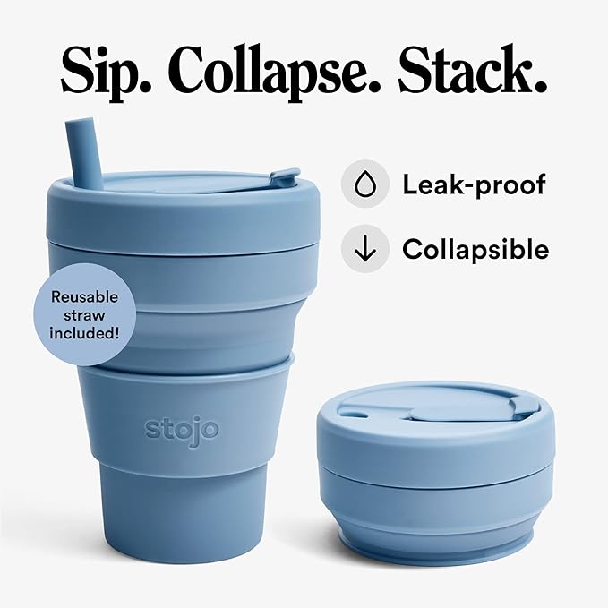 STOJO Titan Collapsible Travel Cup With Straw - Steel Blue, 24oz / 710ml - Reusable To-Go Pocket Size Silicone Cup for Hot & Cold Drinks - Camping and Hiking - Microwave & Dishwasher Safe