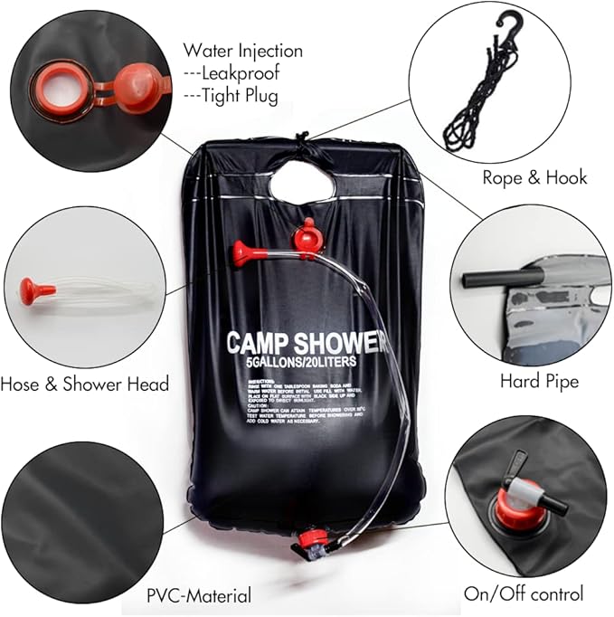 Felicia Portable Solar Heated Camp Shower Bag, 5Gallons/20L PVC Outdoor Shower Bag with Temperature 50°C On/Off Switch Shower Head for Camping Beach Hiking