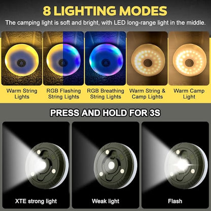 Camping String Lights, 2 in 1 Outdoor Waterproof Camping String Light with 8 Lighting Modes(32.8Ft), Quick 30s Recovery, Type-C Fast Charging Portable LED Tent Light for Camping Yard Hiking