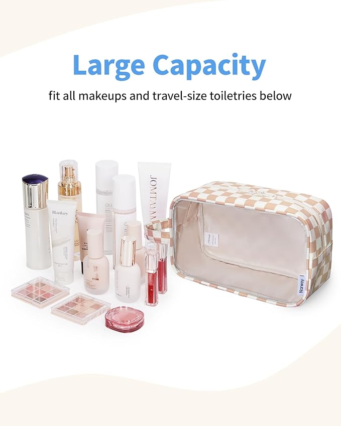 Narwey Clear Makeup Bag Cosmetic Bag with Zipper for Travel, Clear Toiletry Bags for Traveling Toiletries Women Men, Make Up Pouch Organizer with Handle, Skincare Bag (Light Checkerboard)