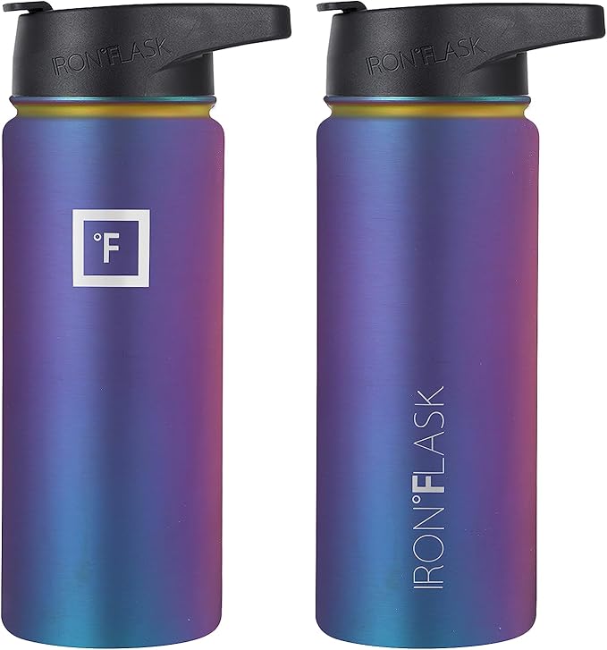 IRON °FLASK Camping & Hiking Hydration Flask, Wide Mouth, 3 Straw Lids, Stainless Steel Outdoor Water Bottle, Double Walled, Insulated Thermos, Metal Canteen - Aurora, 18 Oz