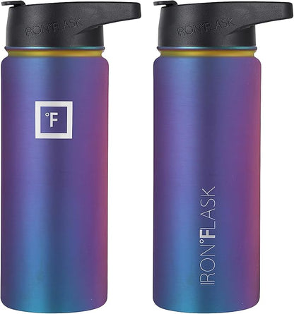 IRON °FLASK Camping & Hiking Hydration Flask, Wide Mouth, 3 Straw Lids, Stainless Steel Outdoor Water Bottle, Double Walled, Insulated Thermos, Metal Canteen - Aurora, 18 Oz