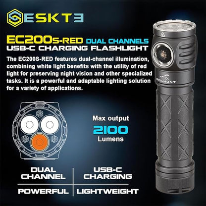 EC200S-RED 2100 lumens White and Red beam USB-C Rechargeable Powerful EDC flashlight - Lightweight, Compact Mini Pocket light Camping Hiking Running Waterproof Outdoor (Cool White 6500K, Black)