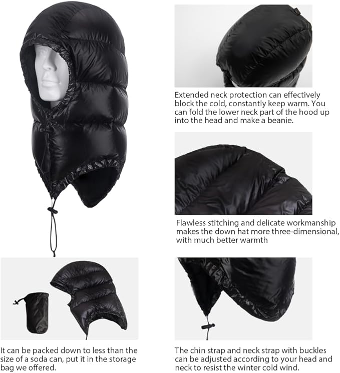 Winter Warm Ultralight Down Hood Waterproof Sleeping Bag Outdoor Camping Windproof Down Cap Hat with Storage Bag