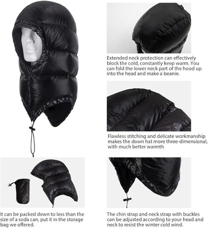 Winter Warm Ultralight Down Hood Waterproof Sleeping Bag Outdoor Camping Windproof Down Cap Hat with Storage Bag